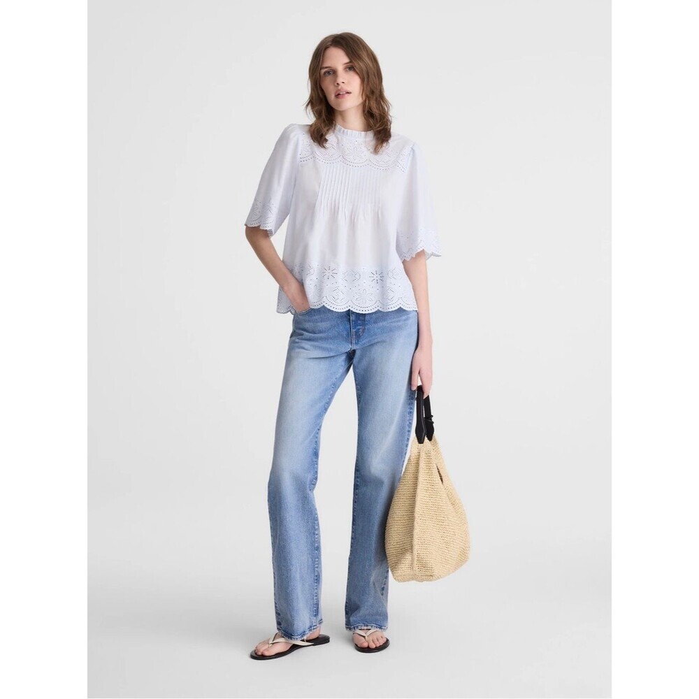 Madewell Embroidered Pintuck High-Neck Top in Soft Blue Size XS NWT